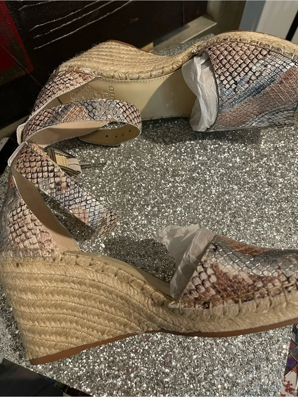 Vince Camuto Snake-Print Espadrille Sandal in Beige and Gray